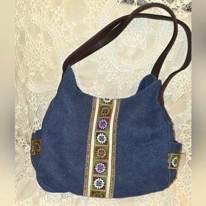 Denim Style Canvas Boho Style Purse, Shoulder Bag, Embroidered Design And Pocket